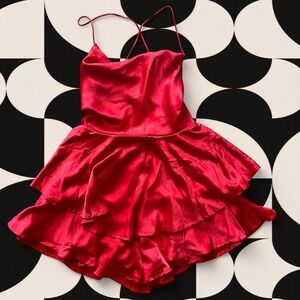 Red satin mini‎ dress / playsuit with cowl neckline by Selfie Leslie - XS